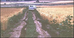 Problems on a muddy road for the field van, close to 5MT3, 1981.